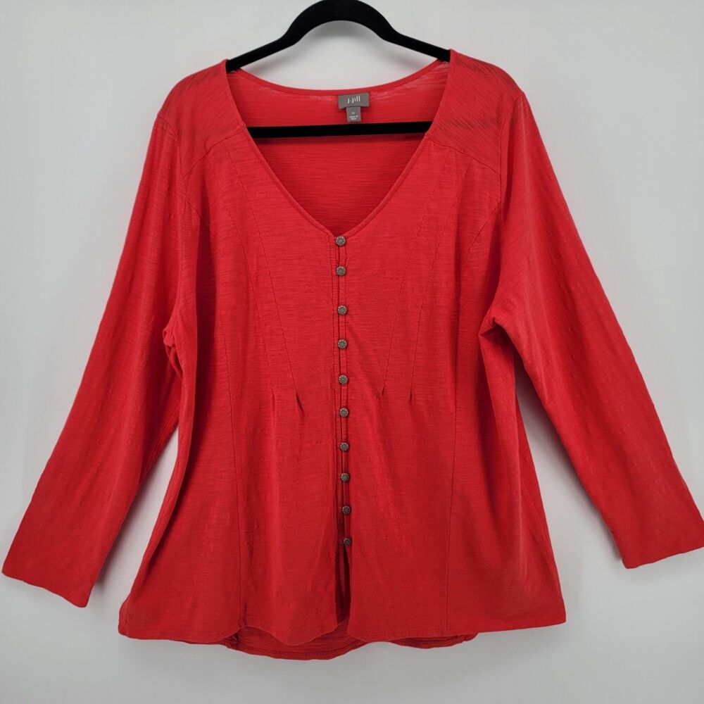 J. Jill Red Slub Cotton Long Sleeve V Neck Button Front Tunic Top XL - Picture 2 of 11